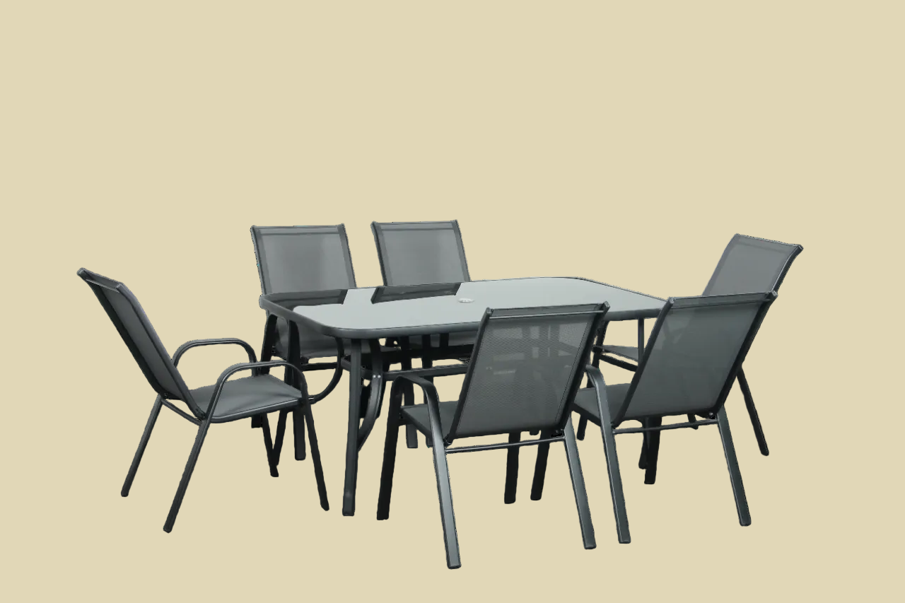 GLASS TABLE WITH 6 TEXTILENE CHAIRS