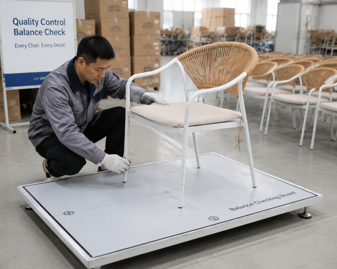 Outdoor furniture manufacturer checking chair stability before shipment