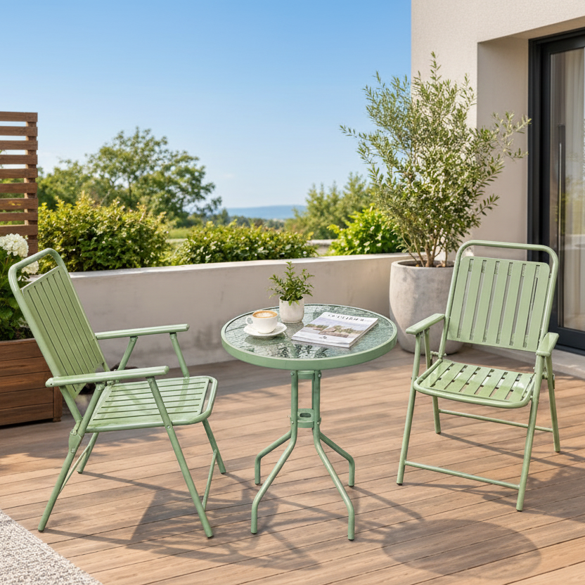 3-piece outdoor bistro set with two folding steel chairs and 5mm tempered glass table