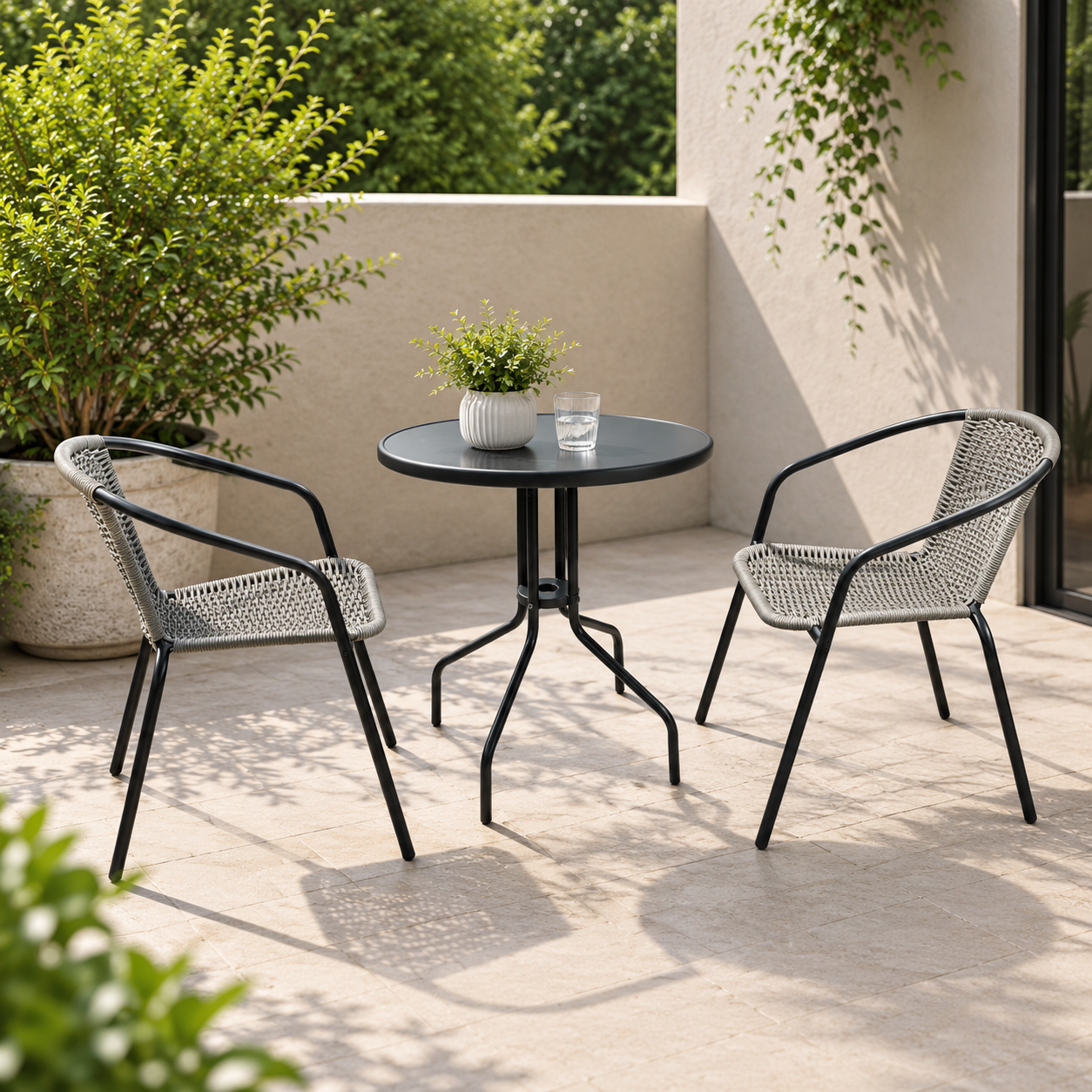 3-Piece Outdoor Bistro Set – PE Rattan Chairs with Tempered Glass Table