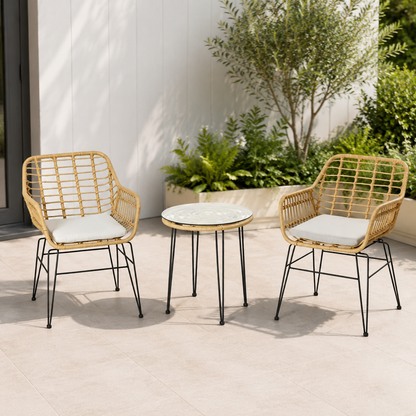 3 piece outdoor patio furniture set with PE rattan chairs and tempered glass coffee table