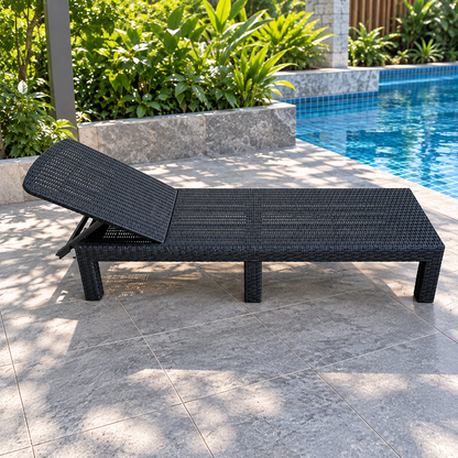 Outdoor plastic sun lounger with woven rattan effect texture