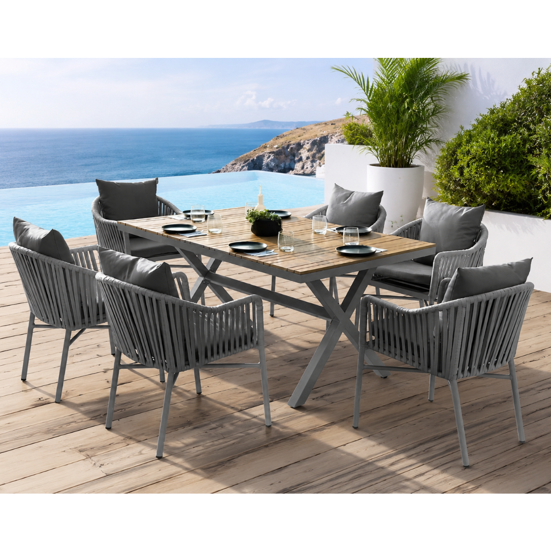 6 Seater Outdoor Dining Set with Rope Chairs & Plastic Wood Table