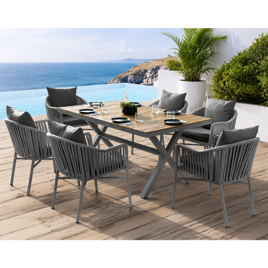 6 Seater Outdoor Dining Set with Rope Chairs & Plastic Wood Table