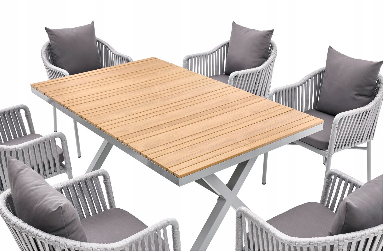 6 Seater Outdoor Dining Set with Rope Chairs & Plastic Wood Table