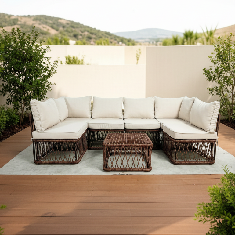 6-Seater Modular PE Rope Woven Outdoor Sofa Set With Space-Saving Packaging