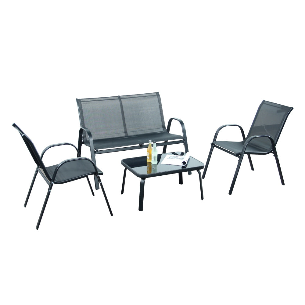 Modern Sling Outdoor Patio Set – 4-Piece Conversation Set with Bench, Chairs & Coffee Table