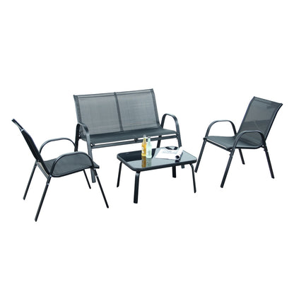 Modern Sling Outdoor Patio Set – 4-Piece Conversation Set with Bench, Chairs & Coffee Table