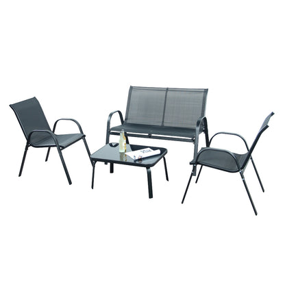 Modern Sling Outdoor Patio Set – 4-Piece Conversation Set with Bench, Chairs & Coffee Table