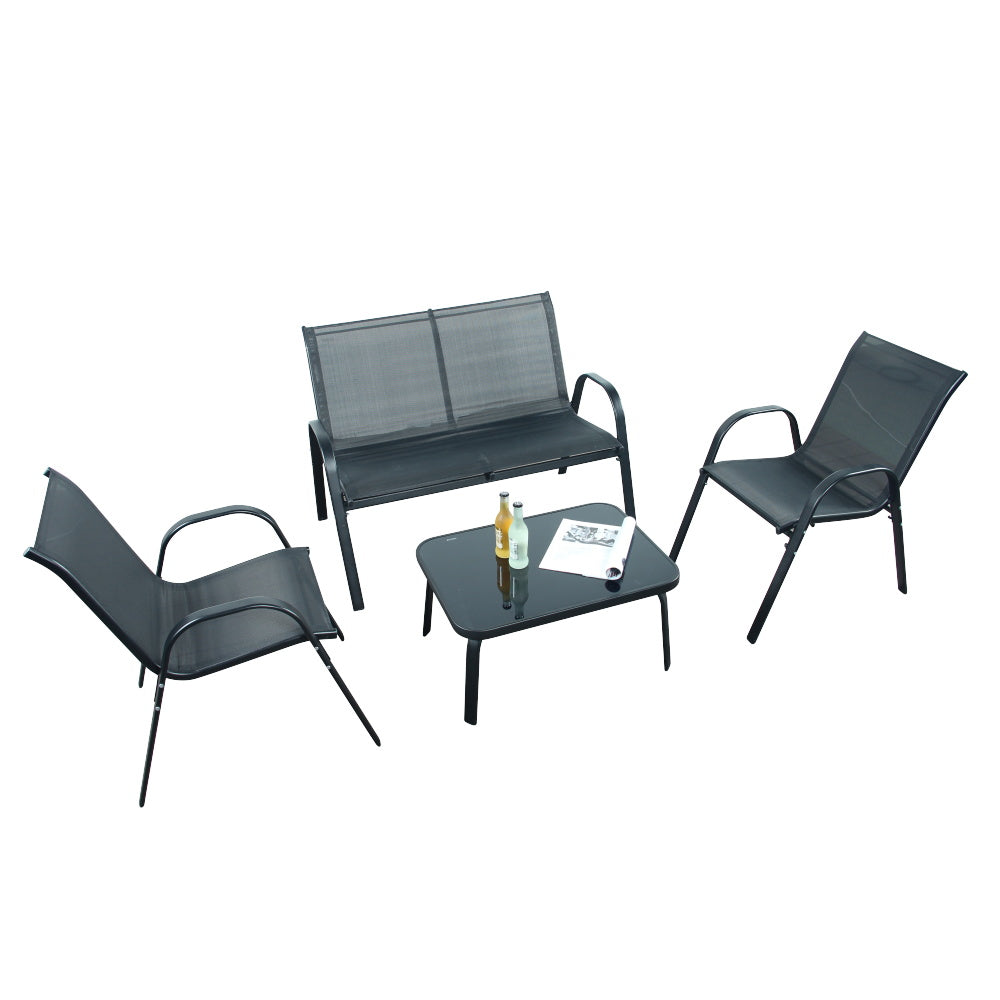 Modern Sling Outdoor Patio Set – 4-Piece Conversation Set with Bench, Chairs & Coffee Table