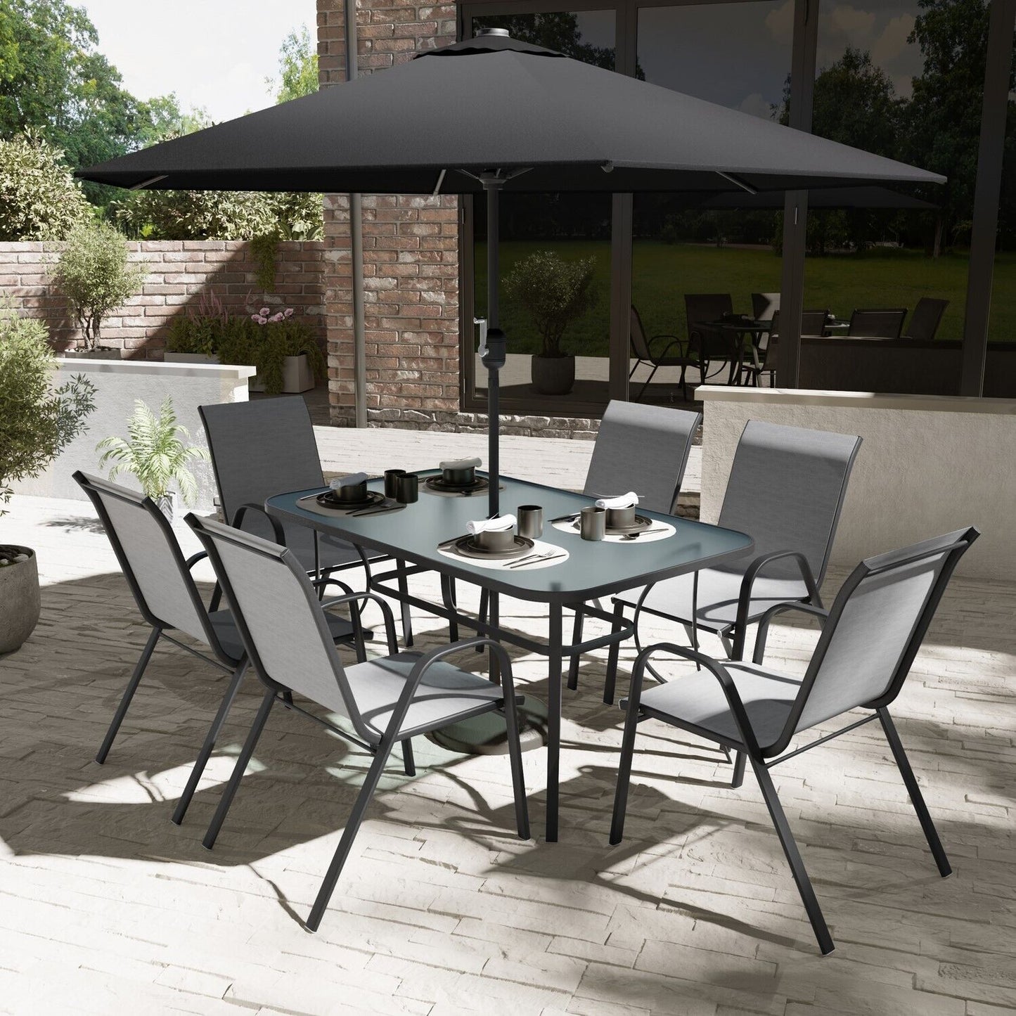 6-Piece Outdoor Dining Set with Parasol - 150cm Iron Frame Table, Teslin Chairs, 2.7m Umbrella for Garden, Patio, Balcony