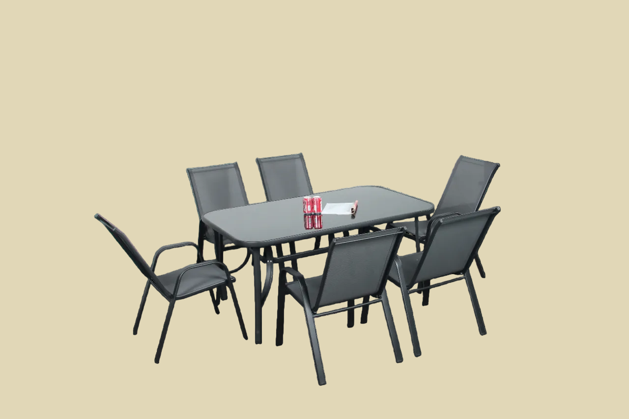 6-Piece Outdoor Dining Set with Parasol - 150cm Iron Frame Table, Teslin Chairs, 2.7m Umbrella for Garden, Patio, Balcony