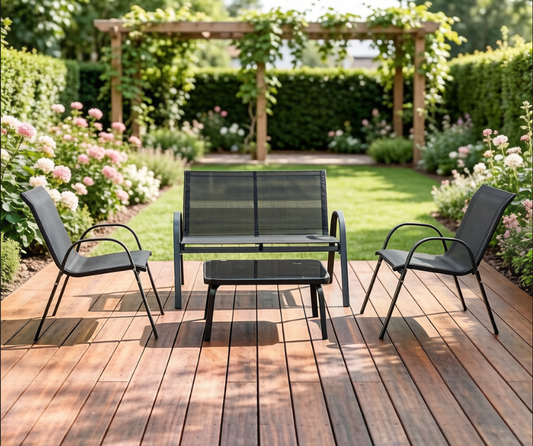 Modern Sling Outdoor Patio Set – 4-Piece Conversation Set with Bench, Chairs & Coffee Table