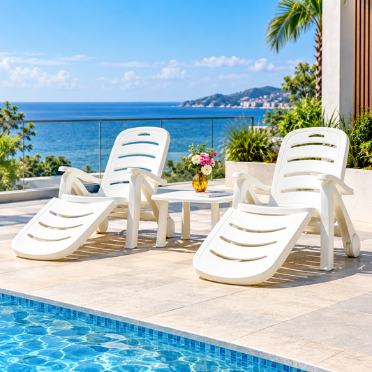 Folding plastic sun lounger with wheels for poolside hotel and resort