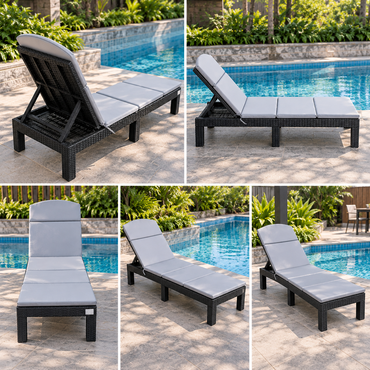 Plastic sun lounger with adjustable backrest and optional cushion