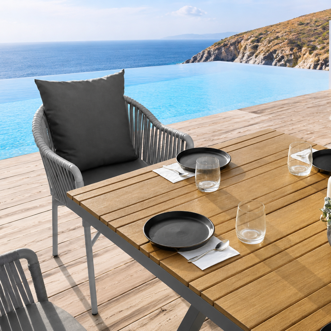 6 Seater Outdoor Dining Set with Rope Chairs & Plastic Wood Table