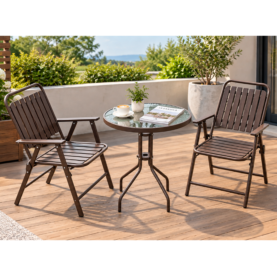 Outdoor bistro set with two folding chairs and round tempered glass table