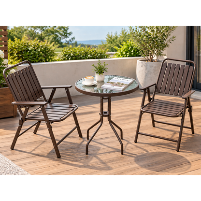 Outdoor bistro set with two folding chairs and round tempered glass table