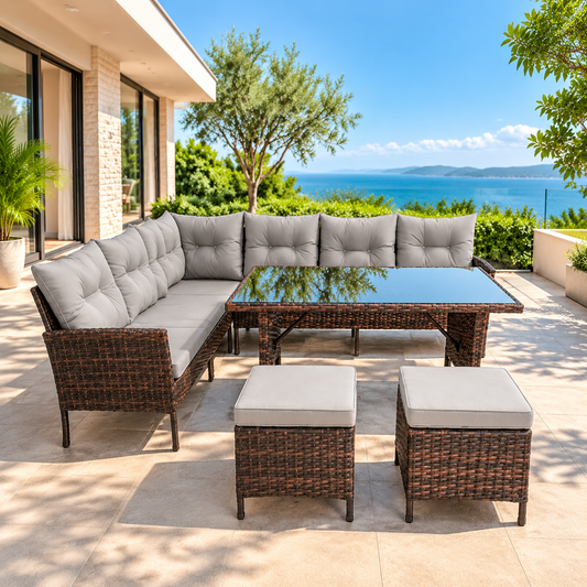 PE rattan corner sofa dining set with table and two stools
