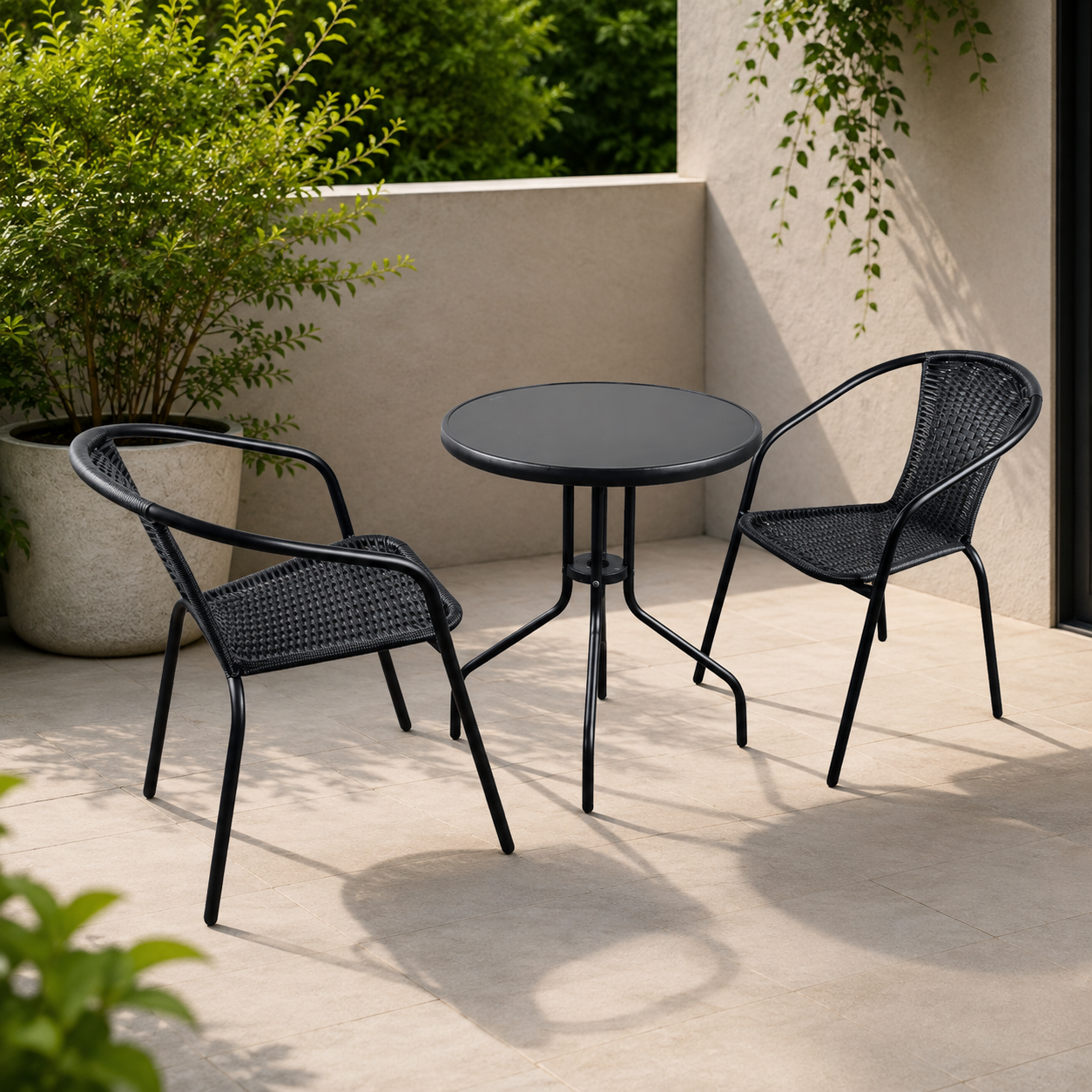 3-Piece Outdoor Bistro Set – PE Rattan Chairs with Tempered Glass Table