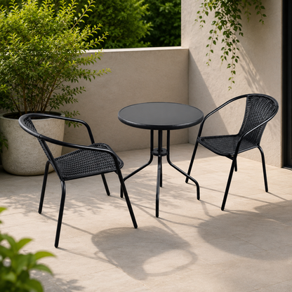 3-Piece Outdoor Bistro Set – PE Rattan Chairs with Tempered Glass Table
