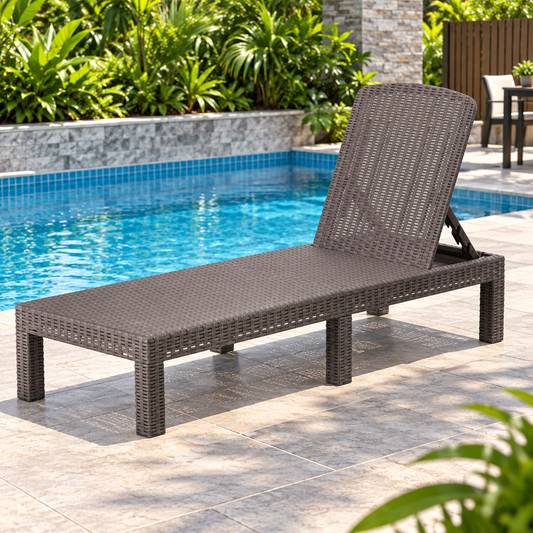 Adjustable plastic garden sun lounger with rattan effect design