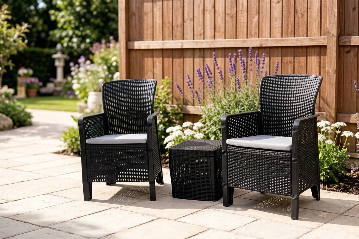 Rust - Proof Plastic Patio Lounge Set (2 Chairs + 1 Side Table) with rattan outlook