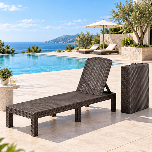 Rattan effect plastic sun lounger with adjustable backrest for poolside